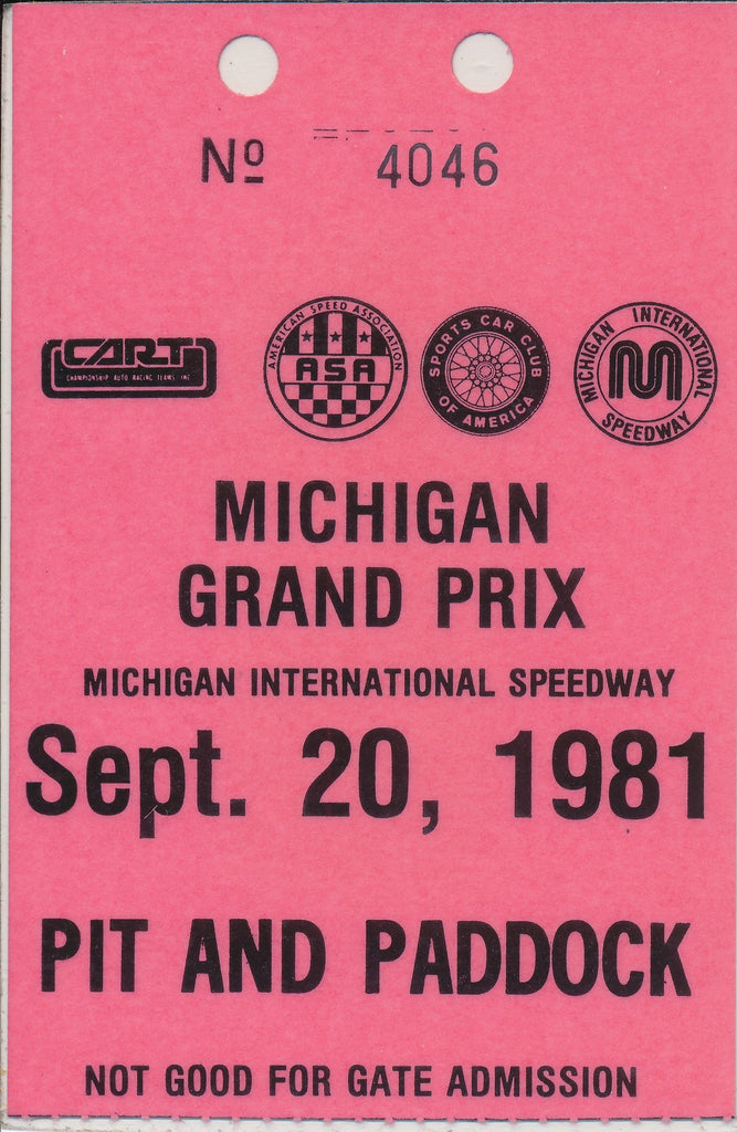 1981 Laminated Michigan Grand Prix Michigan International Speedway Pit and Paddock Credential