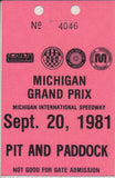 1981 Laminated Michigan Grand Prix Michigan International Speedway Pit and Paddock Credential