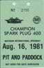 1981 Laminated Champion Spark Plug 400 Michigan International Speedway Pit and Paddock Credential