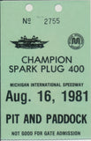 1981 Laminated Champion Spark Plug 400 Michigan International Speedway Pit and Paddock Credential