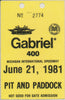 1981 Laminated Gabriel 400 Michigan International Speedway Pit and Paddock Credential