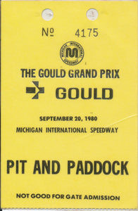 1980 Laminated The Gould Grand Prix Michigan International Speedway Pit and Paddock Credential