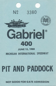 1980 Gabriel 400 Michigan International Speedway Pit and Paddock Credential