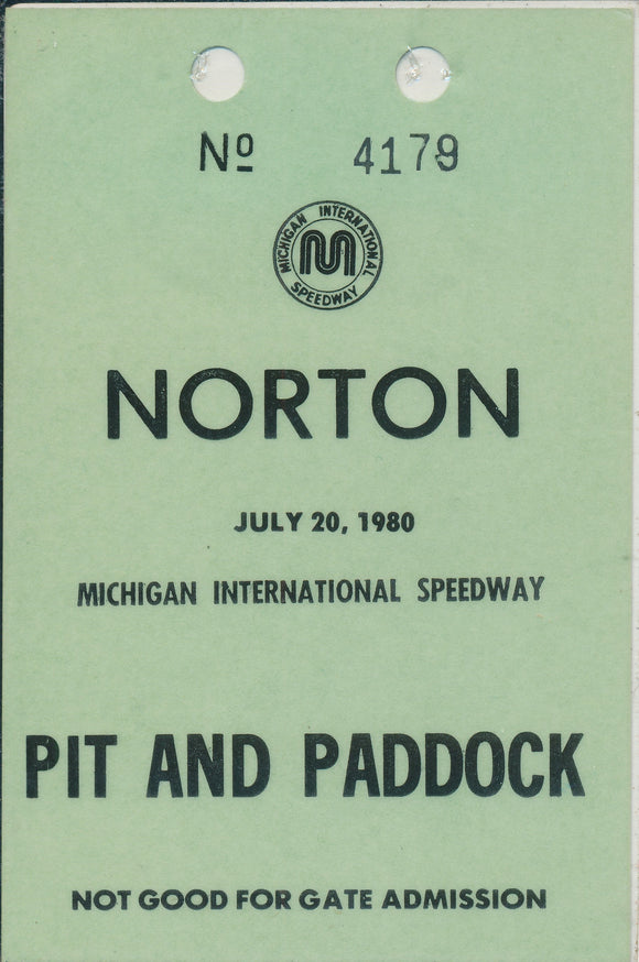 1980 Laminated Norton Twin Michigan International Speedway Pit and Paddock Credential