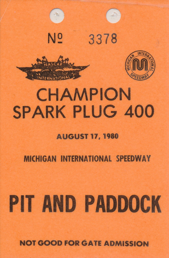 1980 Laminated Champion Spark Plug 400 Michigan International Speedway Pit and Paddock Credential