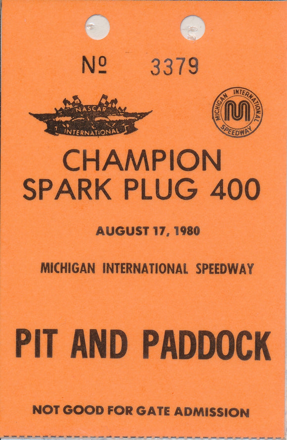 1980 Laminated Champion Spark Plug 400 Michigan International Speedway Pit and Paddock Credential