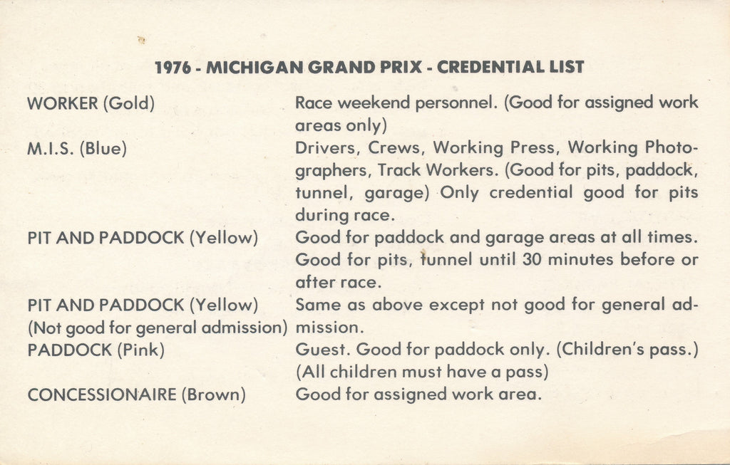 1976 Michigan Grand Prix Michigan International Speedway Credential List