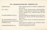 1976 Michigan Grand Prix Michigan International Speedway Credential List