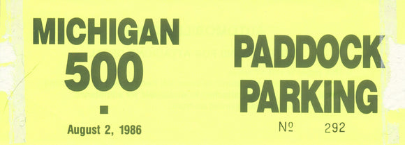 1986 Michigan 500 Michigan International Speedway Paddock Parking Pass