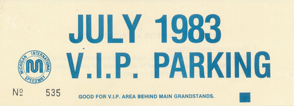 1983 Michigan International Speedway June VIP Parking Pass