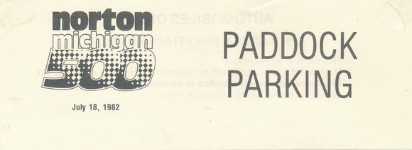 1982 Norton Michigan 500 Michigan International Speedway Paddock Parking Pass