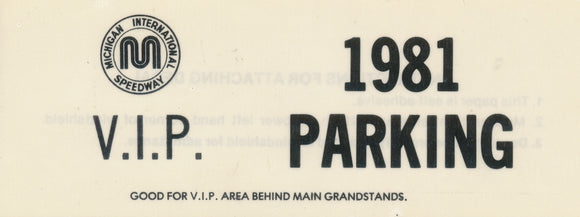 1981 Michigan International Speedway VIP Parking Pass