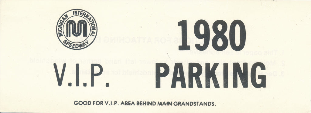 1980 Michigan International Speedway VIP Parking Pass