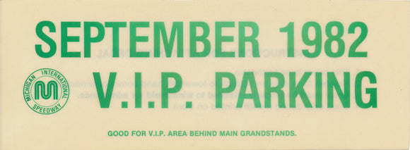 1982 Michigan International Speedway September VIP Parking Pass