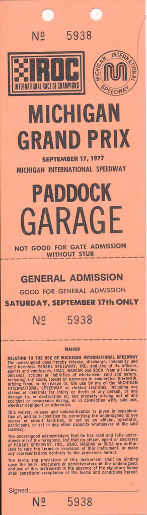 1977 Michigan Grand Prix & IROC Michigan International Speedway Paddock Garage Credential