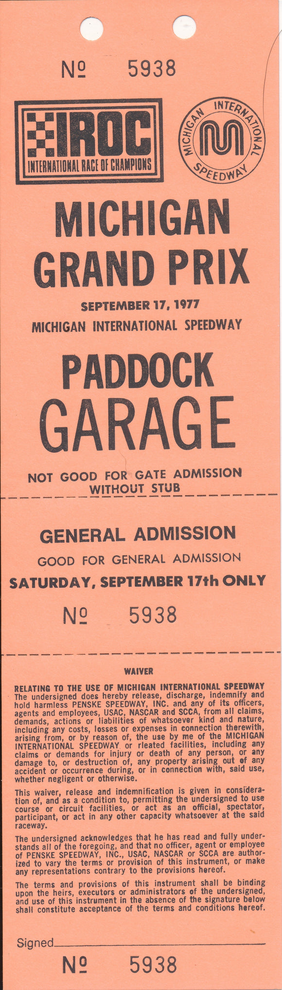 1977 Michigan Grand Prix & IROC Michigan International Speedway Paddock Garage Credential