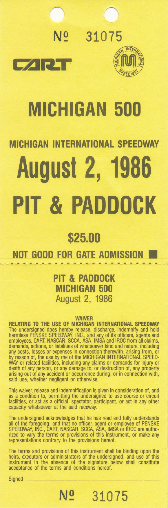 1986 CART Michigan 500 Michigan International Speedway Pit & Paddock Credential