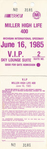 1985 NASCAR Miller High Life 400 Michigan International Speedway Sky Lounge Suite VIP Credential