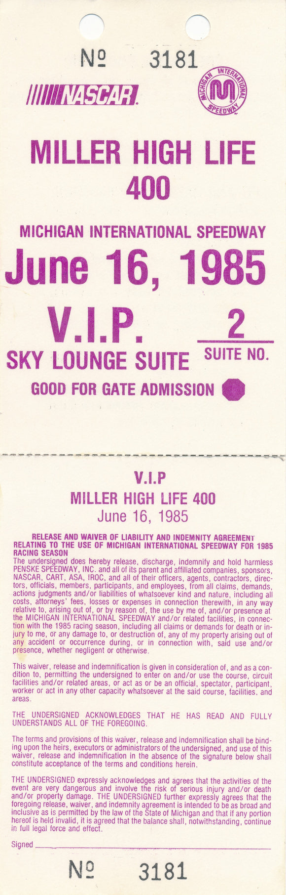 1985 NASCAR Miller High Life 400 Michigan International Speedway Sky Lounge Suite VIP Credential