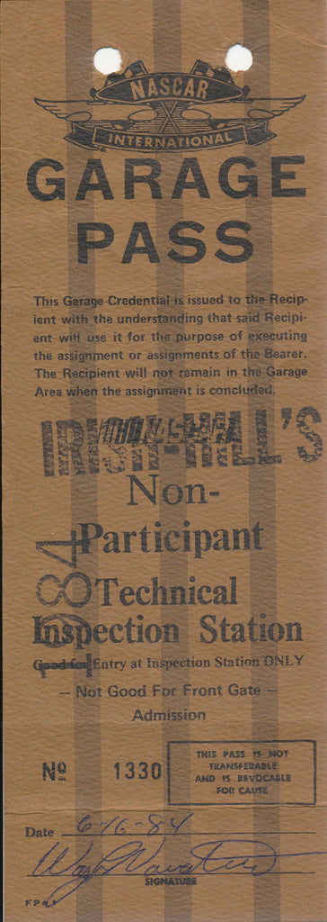 1984 NASCAR Irish Hills Michigan International Speedway Non-Participant Technical Inspection Station Credential