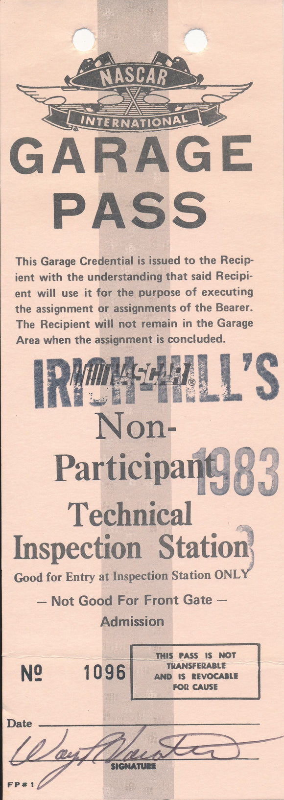 1983 NASCAR Irish-Hill's Michigan International Speedway Garage Pass Credential