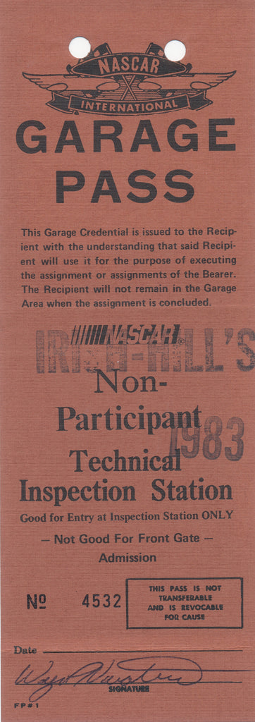 1983 NASCAR Irish-Hill's Michigan International Speedway Signed Garage Pass Credential