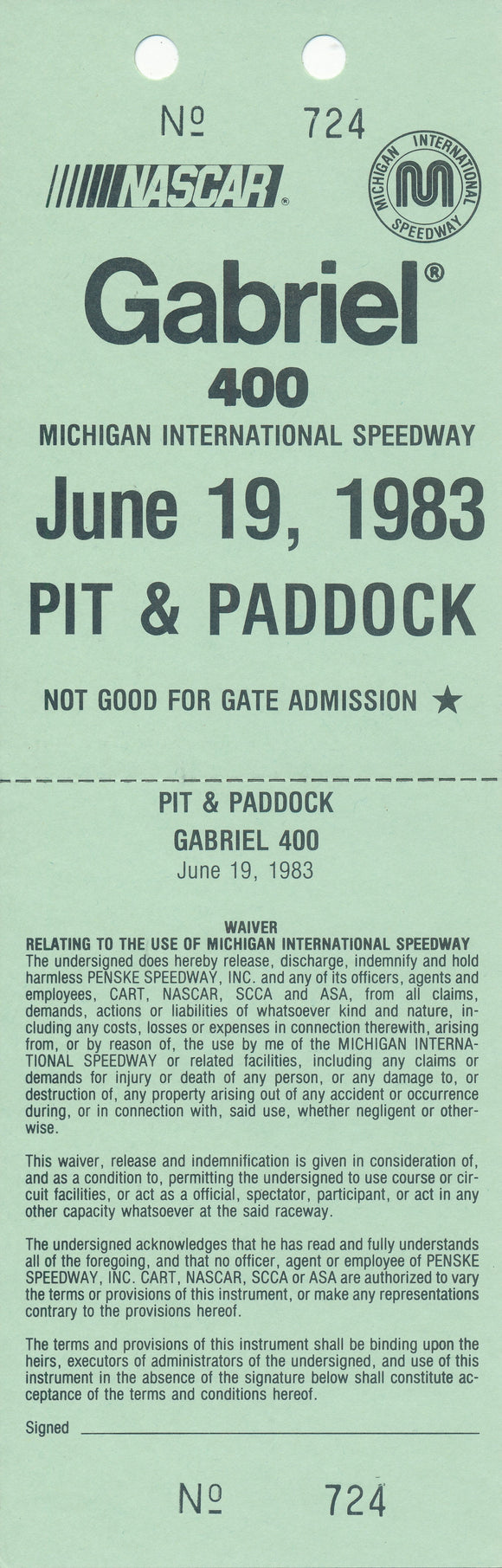 1983 NASCAR Gabriel 400 Michigan International Speedway Pit & Paddock Credential