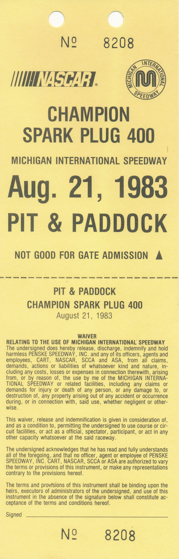 1983 NASCAR Champion Spark Plug 400 Michigan International Speedway Pit & Paddock Credential