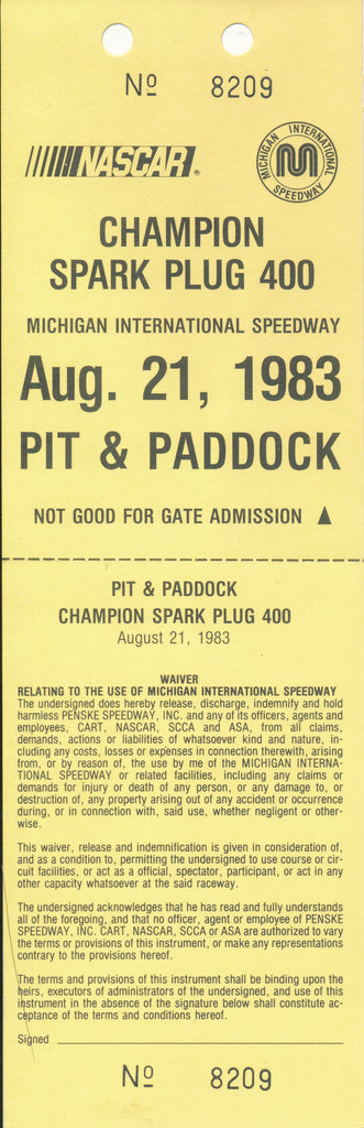 1983 NASCAR Champion Spark Plug 400 Michigan International Speedway Pit & Paddock Credential