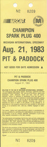 1983 NASCAR Champion Spark Plug 400 Michigan International Speedway Pit & Paddock Credential