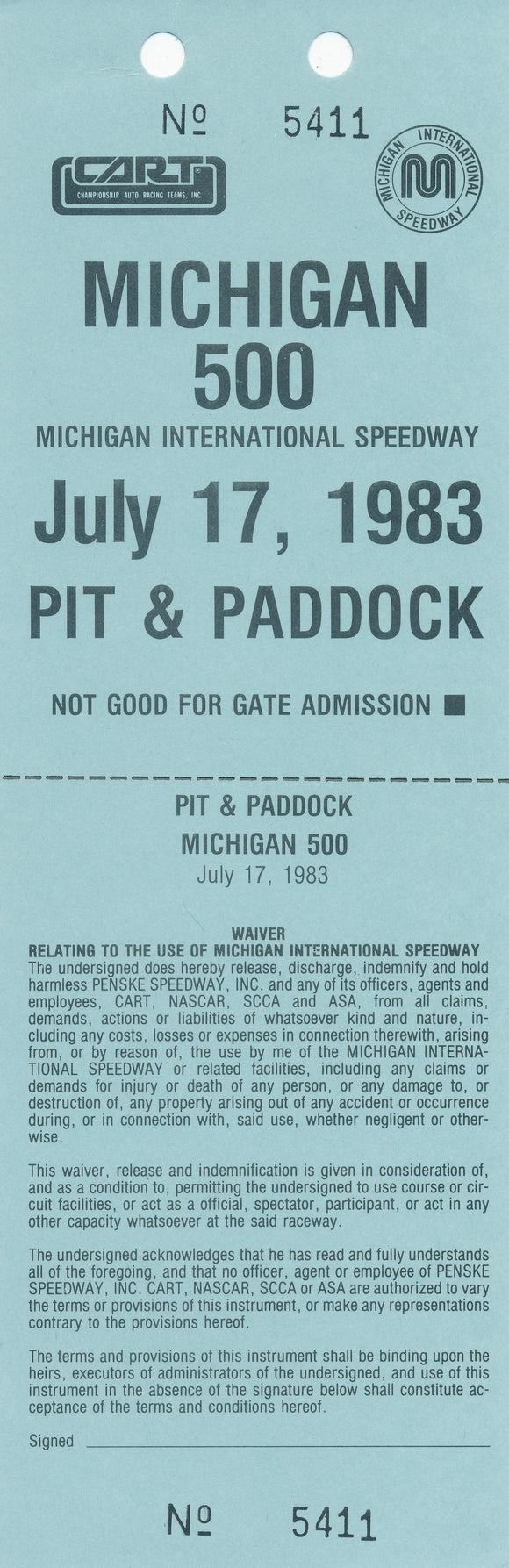 1983 CART Michigan 500 Michigan International Speedway Pit & Paddock Credential