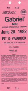 1982 NASCAR Gabriel 400 Michigan International Speedway Pit & Paddock Credential