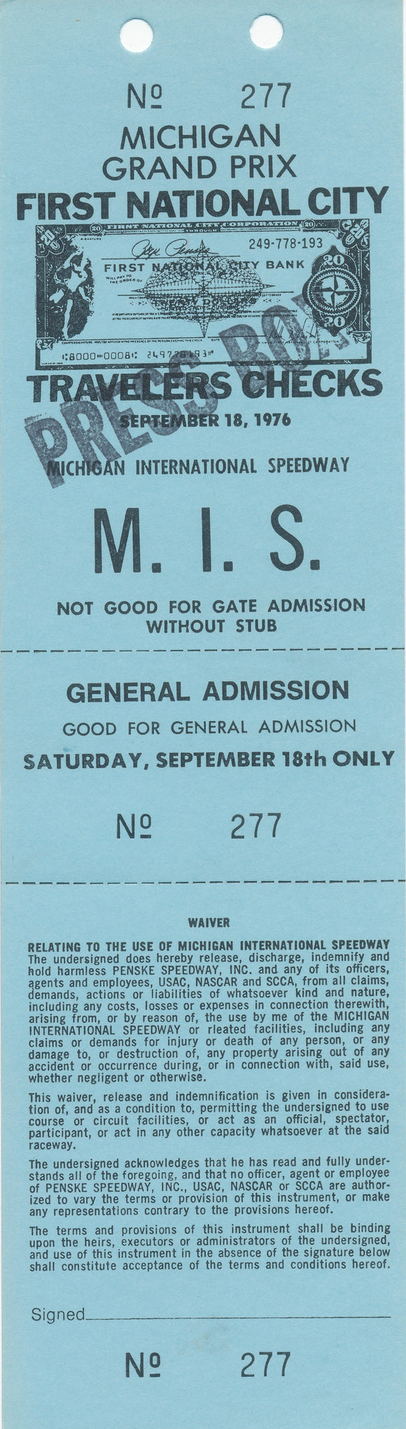 1976 First National City Travelers Checks Michigan Grand Prix Michigan International Speedway Press Box Credential