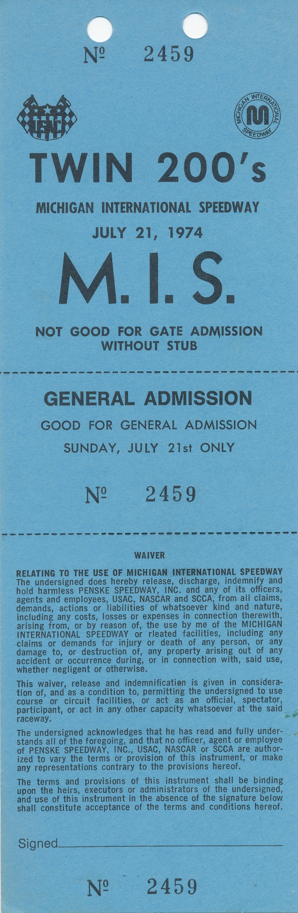 1974 USAC Twin 200's Michigan International Speedway Credential