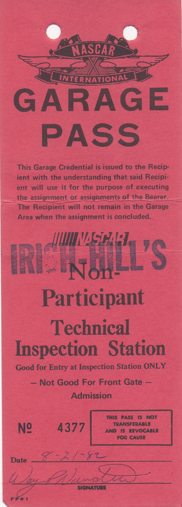 1982 NASCAR Michigan International Speedway Irish Hill's Garage Pass Credential