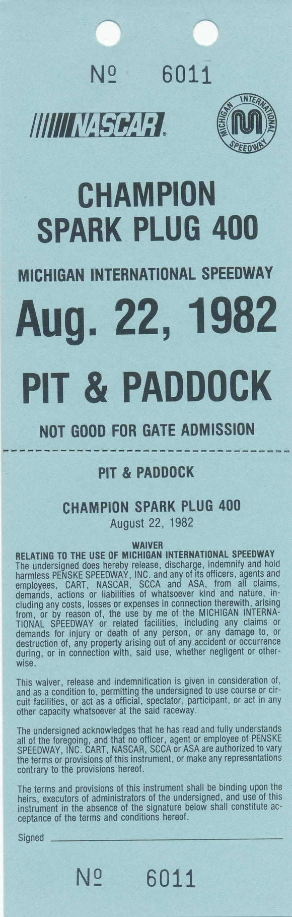 1982 NASCAR Champion Spark Plug 400 Michigan International Speedway Photo Credential