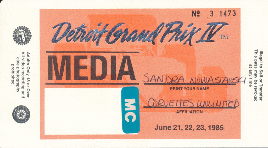 1985 Detroit Grand Prix IV Sandra Nowastawski Media Credential