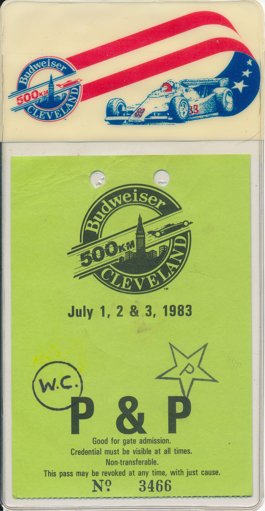 1983 Budweiser 500km Cleveland Pit & Paddock Credential & Sleeve