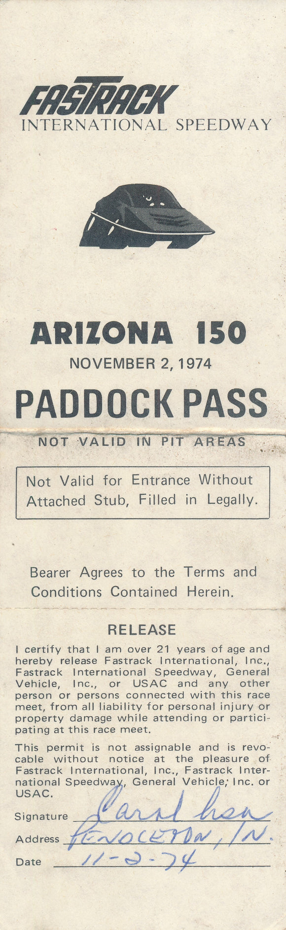 1974 Arizona 150 FasTrack International Speedway Paddock Pass