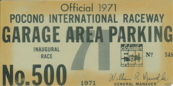 1971 Schaefer 500 Pocono International Raceway Laminated Garage Area Parking Pass