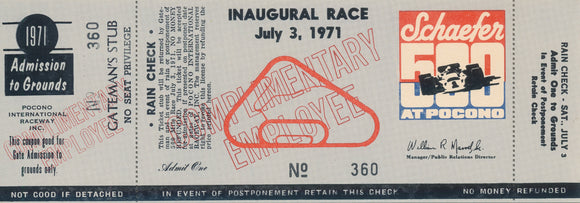 1971 Schaefer 500 Pocono International Raceway Complimentary Employee Ticket Unused