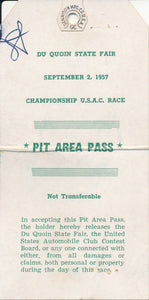 1957 Championship USAC Race DU Quoin State Fair Pit Area Pass