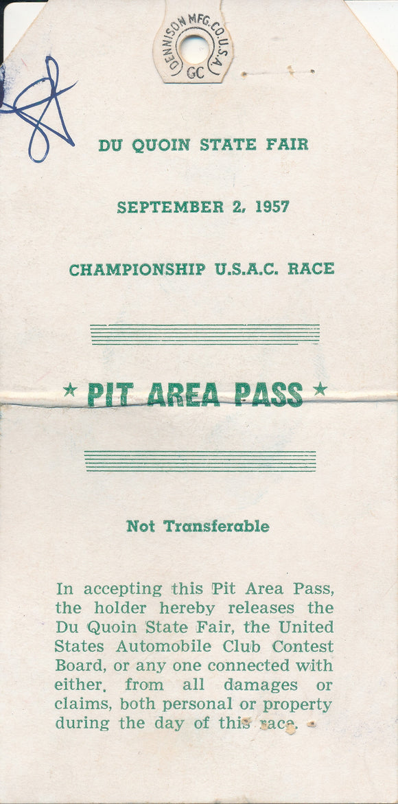 1957 Championship USAC Race DU Quoin State Fair Pit Area Pass