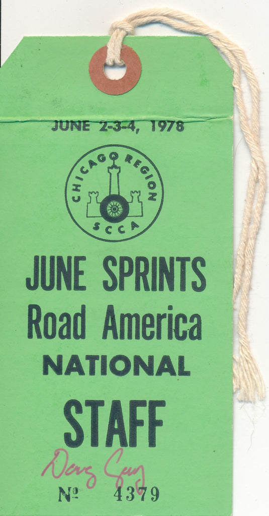 1978 SCCA Chicago Region Road America National Doug Gay Staff Pass