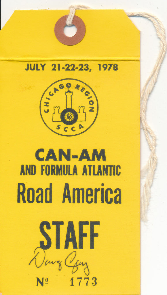 1978 SCCA Chicago Region Road America CAN-AM and Formula Atlantic Doug Gay Staff Pass