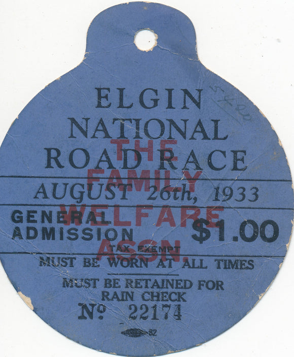 1933 Elgin National Road Race The Family Welfare Assn. Credential. Backside damaged.