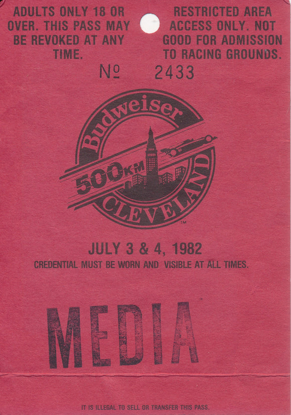 1982 Budweiser 500km Cleveland Media Credential