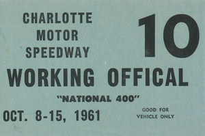 1961 NASCAR National 400 Charlotte Motor Speedway Working Official Credential