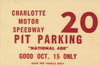 1961 NASCAR National 400 Charlotte Motor Speedway Pit Parking Pass