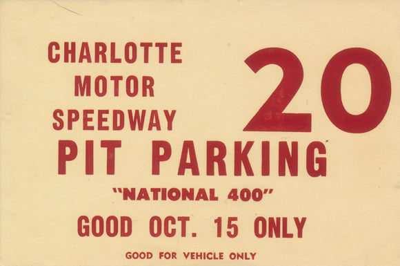 1961 NASCAR National 400 Charlotte Motor Speedway Pit Parking Pass